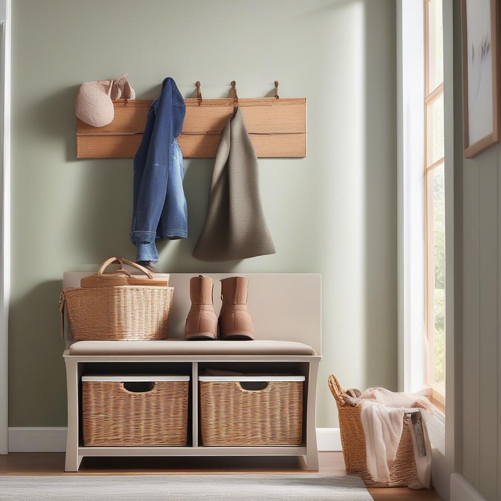 Wicker look cushion storage bench in an entryway with shoes stored inside and a coat hanging on the wall.