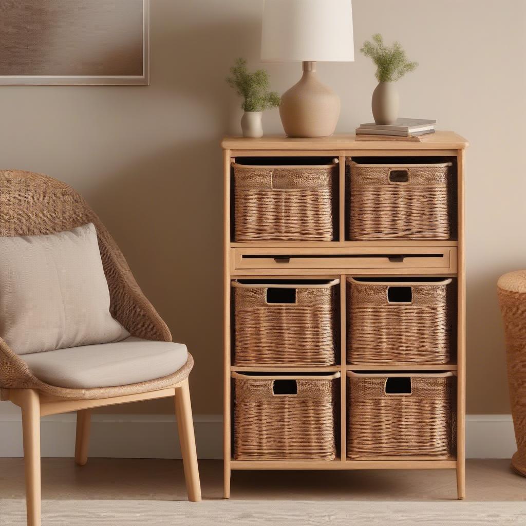 Wicker look storage with 4 drawers in a living room setting