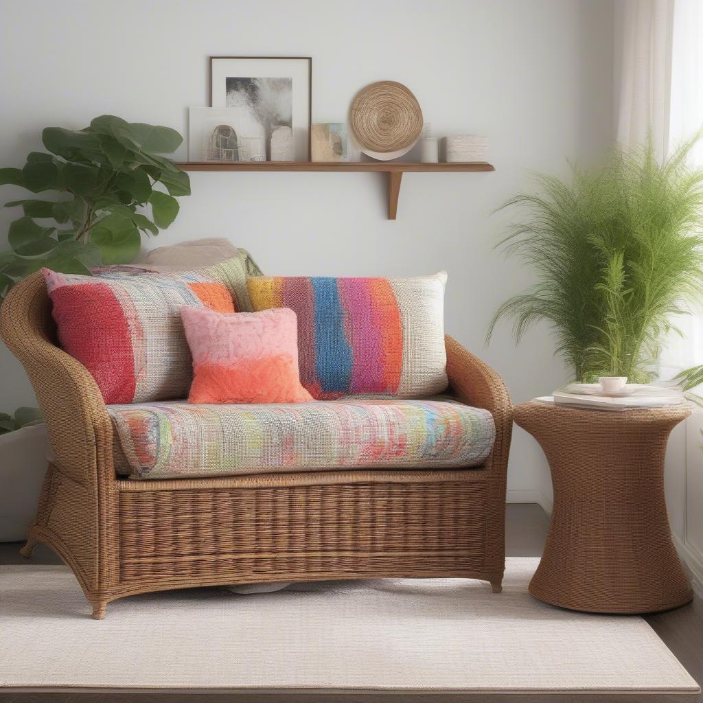 Wicker loveseat with storage in a living room setting