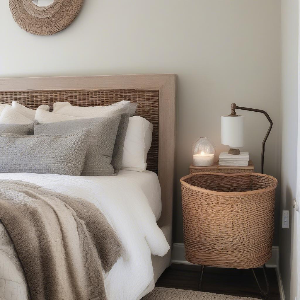 Wicker magazine basket used for storing blankets