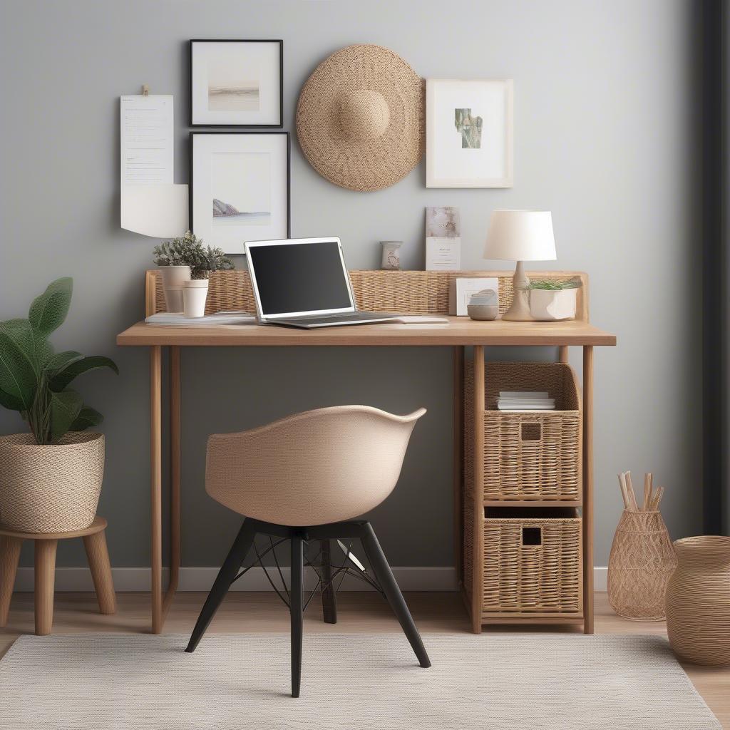 Wicker magazine file holder organizing paperwork and adding a decorative touch to a stylish home office.