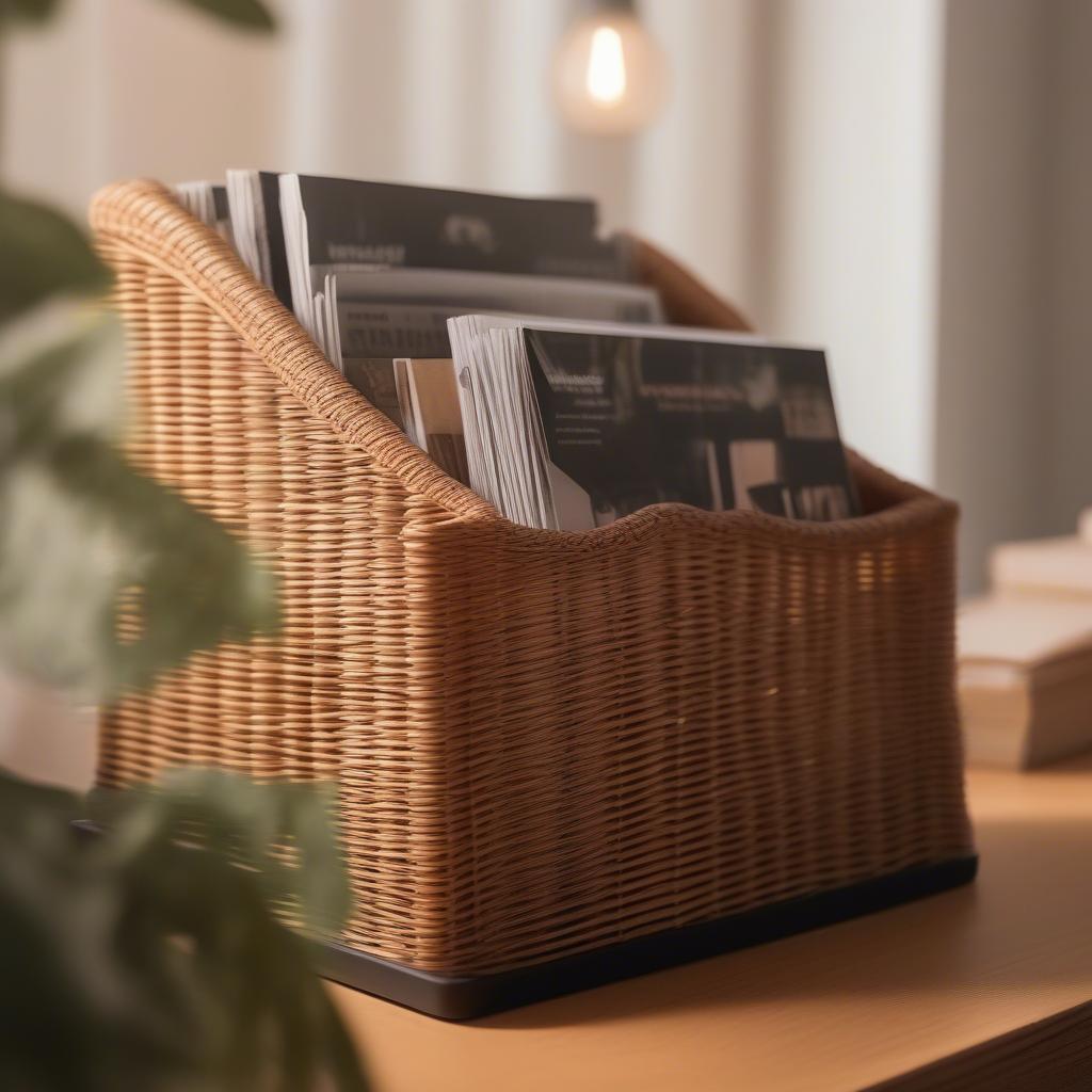 Wicker magazine file holder neatly organizing files and magazines on a wooden desk in a home office setting.