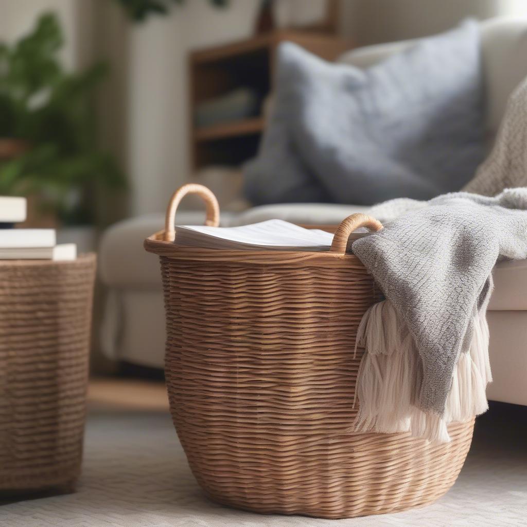 Wicker magazine holder basket in a living room setting