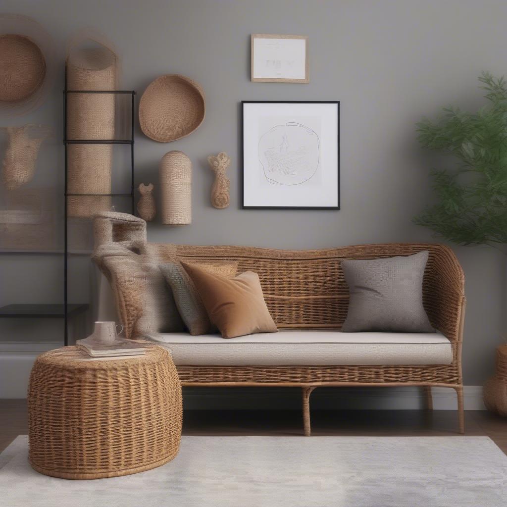 A wicker magazine holder placed next to a sofa in a living room, creating a cozy reading nook.