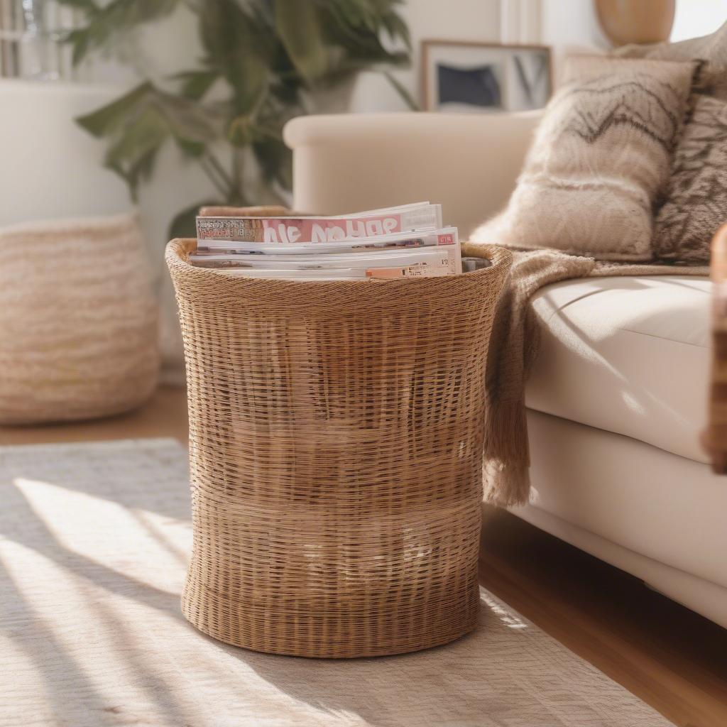 Wicker magazine holder in a living room setting