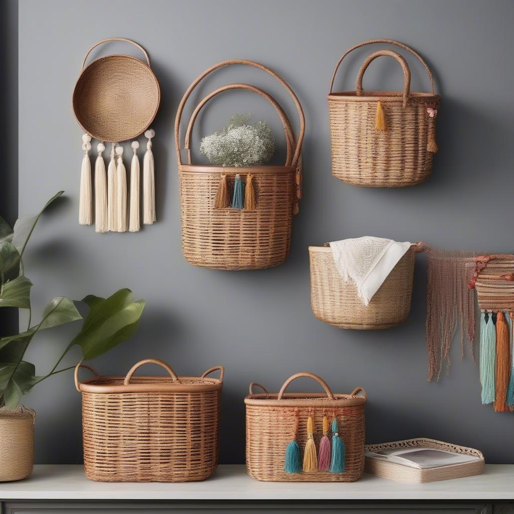 Wicker magazine holders in various styles, including traditional, modern, and bohemian designs.