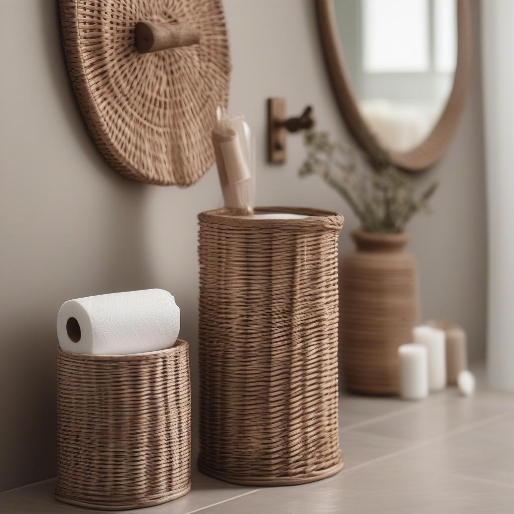 Wicker Magazine and Toilet Paper Holder in a Bathroom Setting