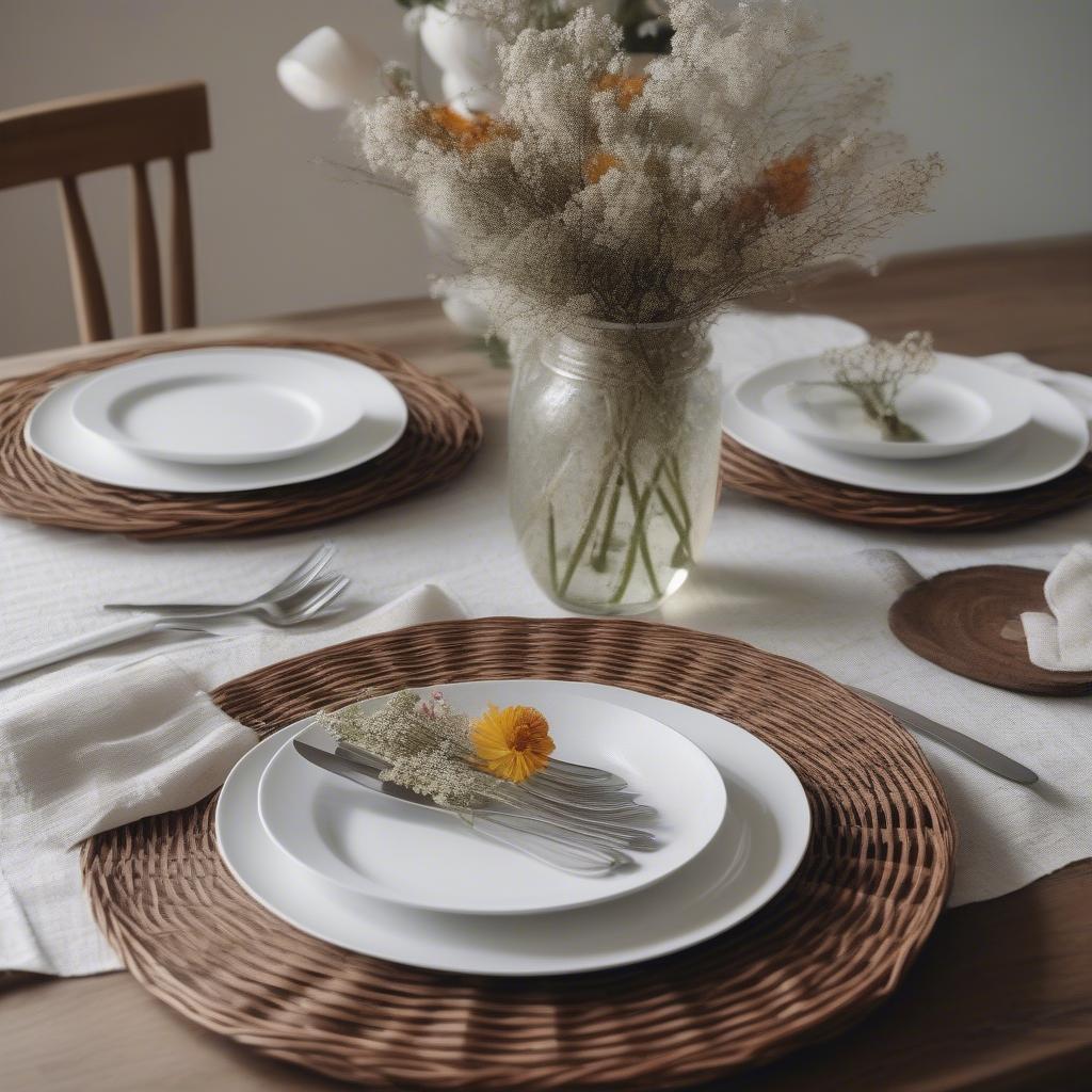 Wicker Placemats Table Setting Ideas with Cutlery and Napkins