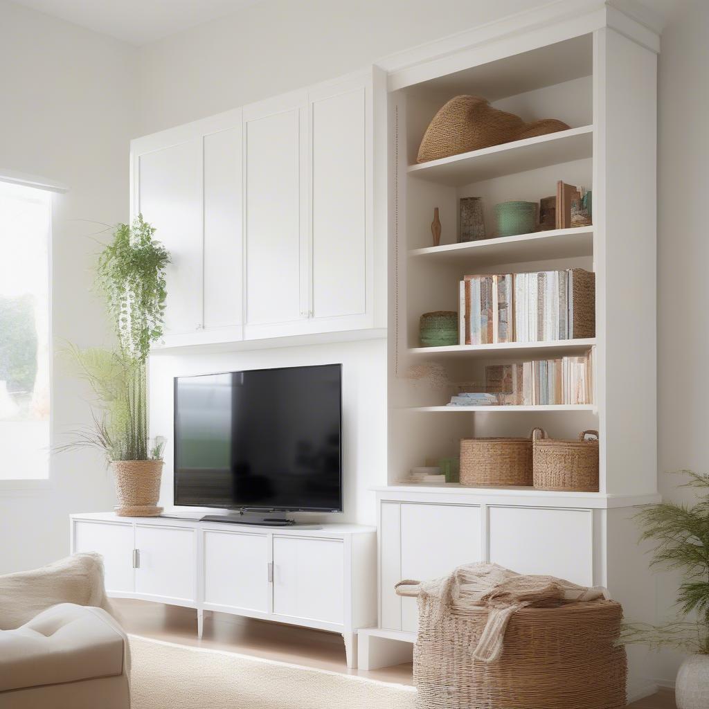 Wicker media cabinet in a modern living room setting