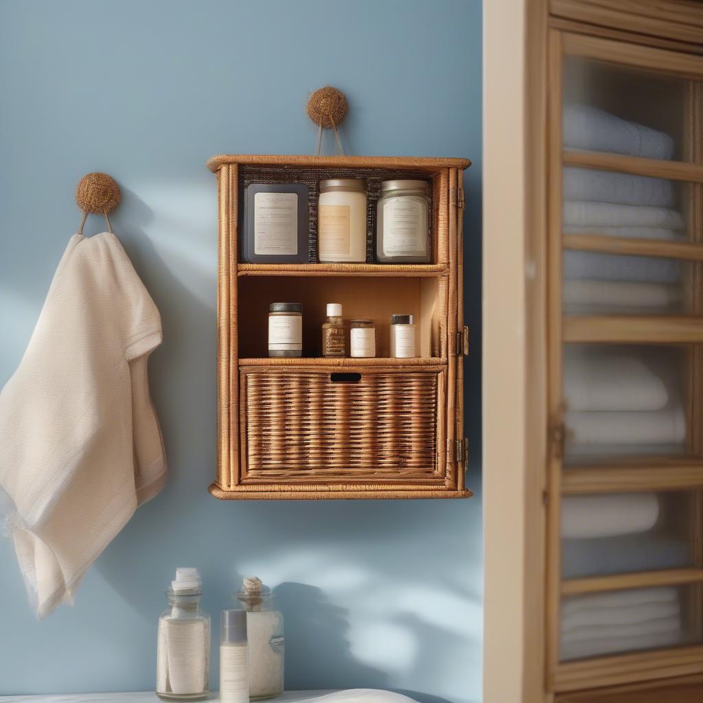 Wicker medicine cabinet hanging on a bathroom wall