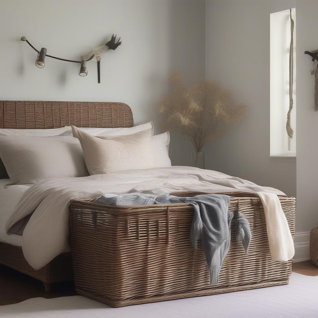 Wicker Metal Storage Basket in a Bedroom Setting