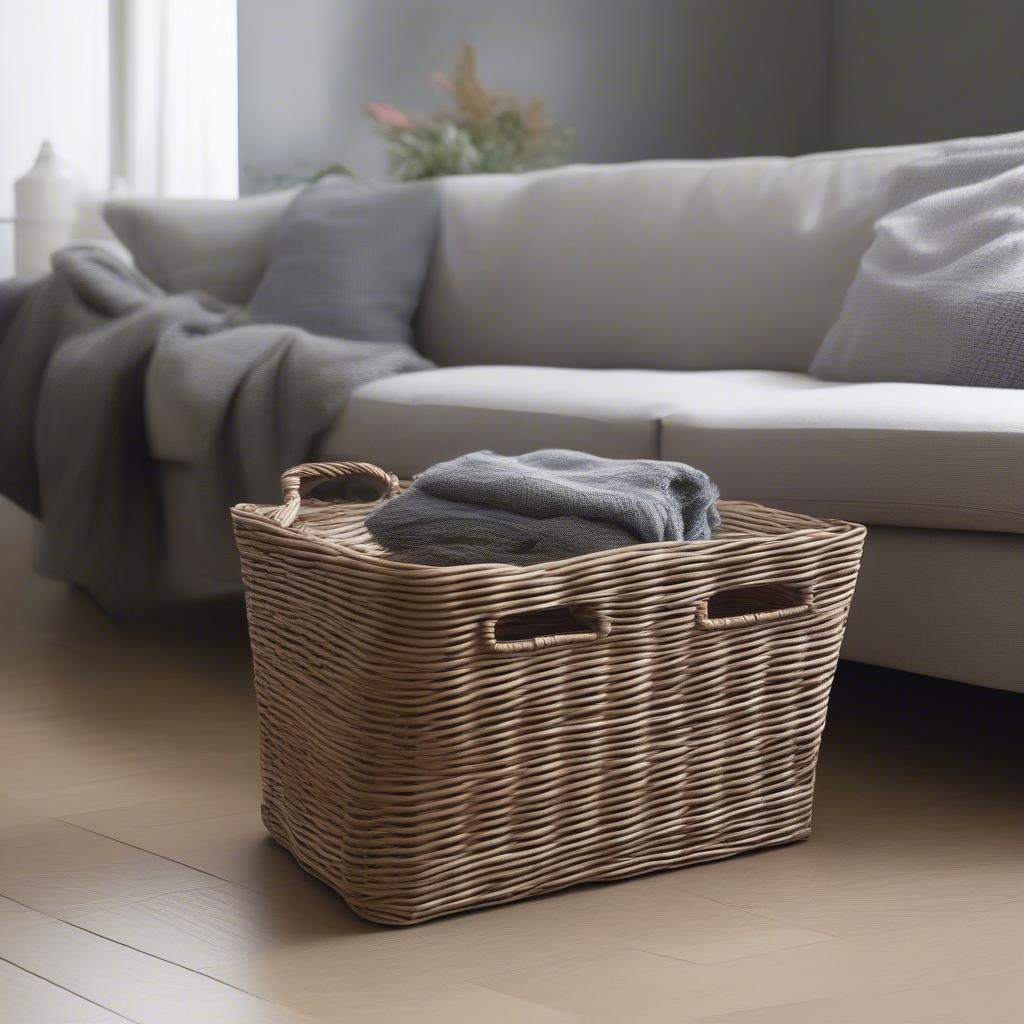 Wicker Metal Storage Basket in a Living Room Setting