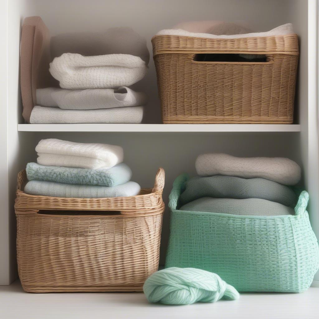 Different Sizes of Wicker and Mint Storage Baskets