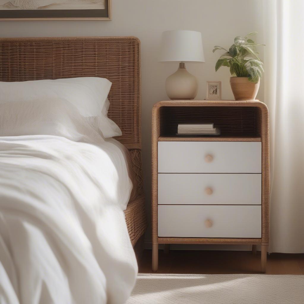 Wicker nightstand in a cozy bedroom setting, offering ample storage and a touch of rustic charm.