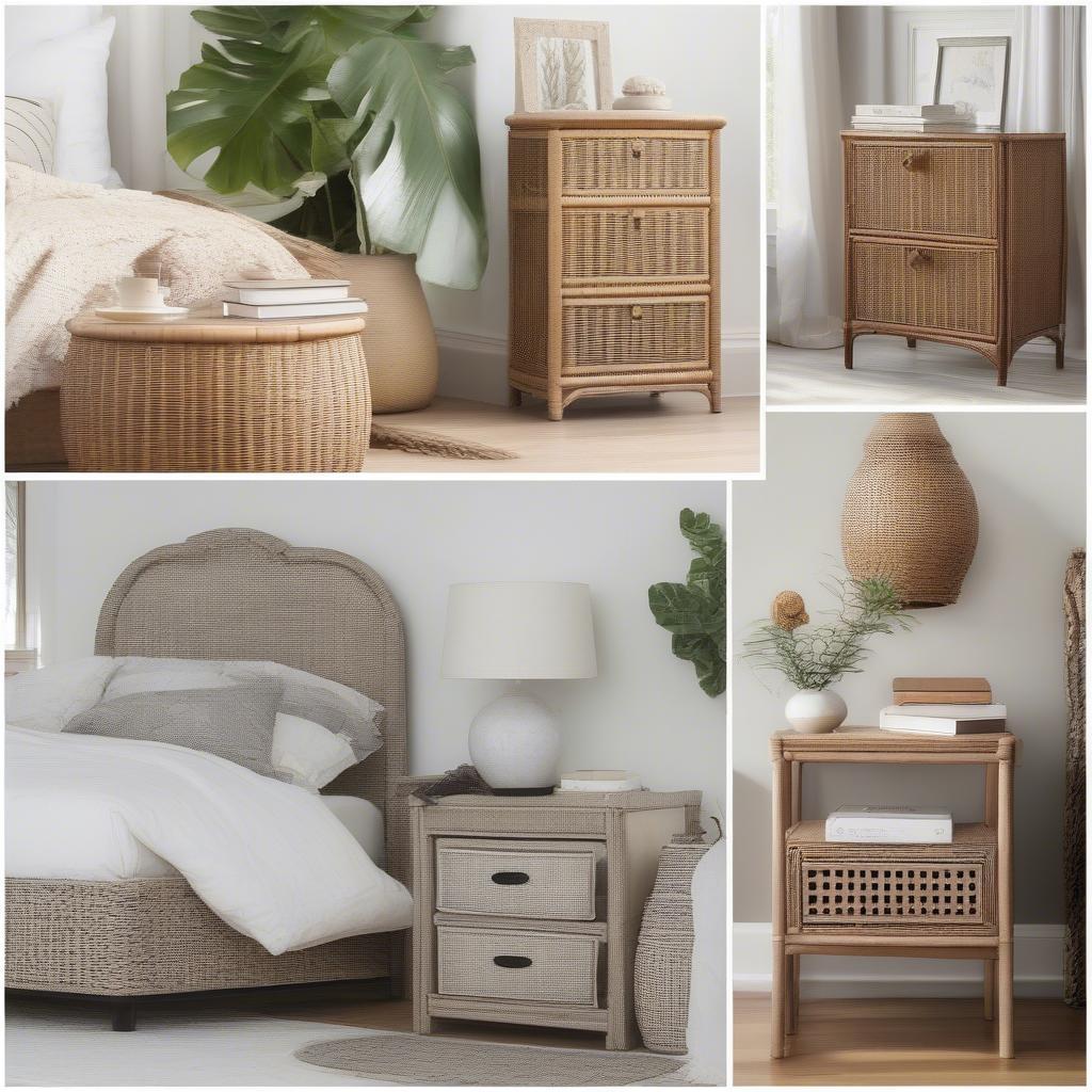 Different styles of wicker nightstands in various bedroom settings, showcasing their versatility in complementing different interior design styles.