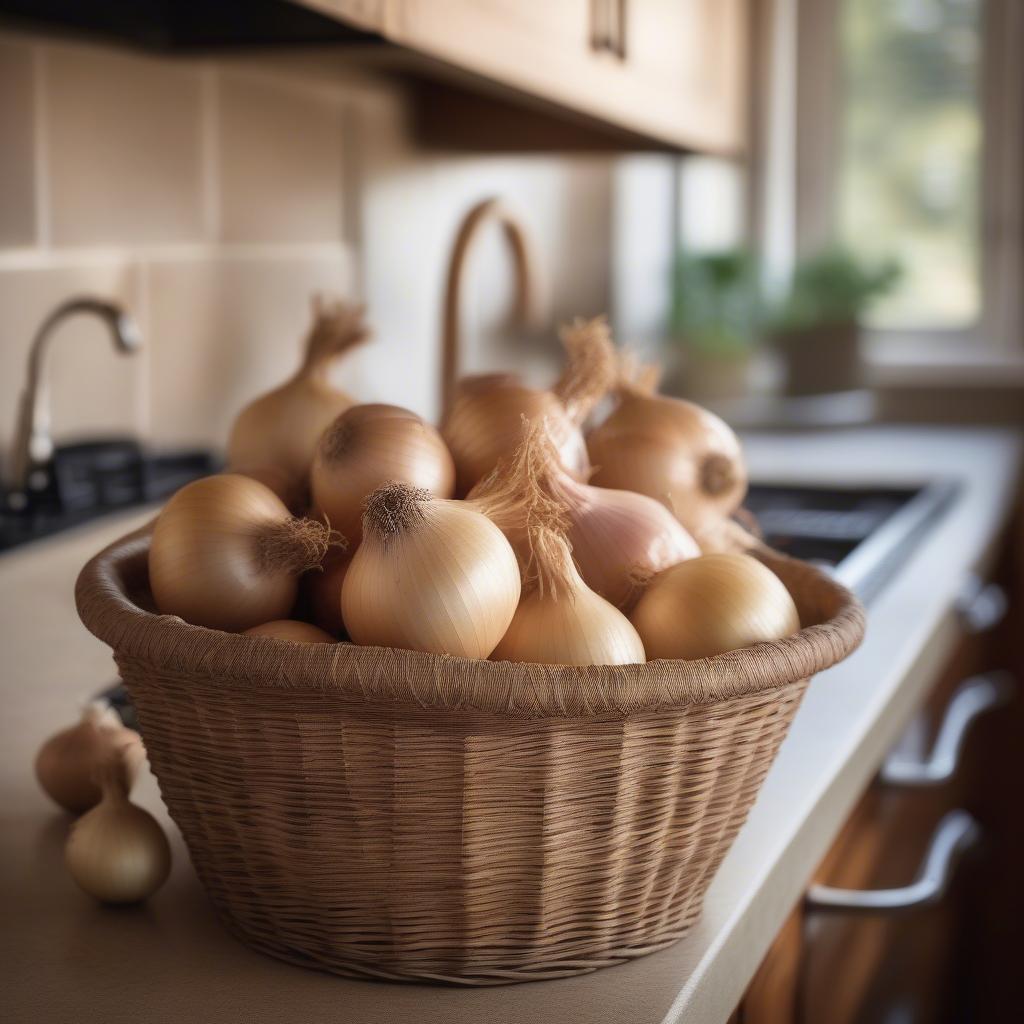 Wicker onion basket in a kitchen setting