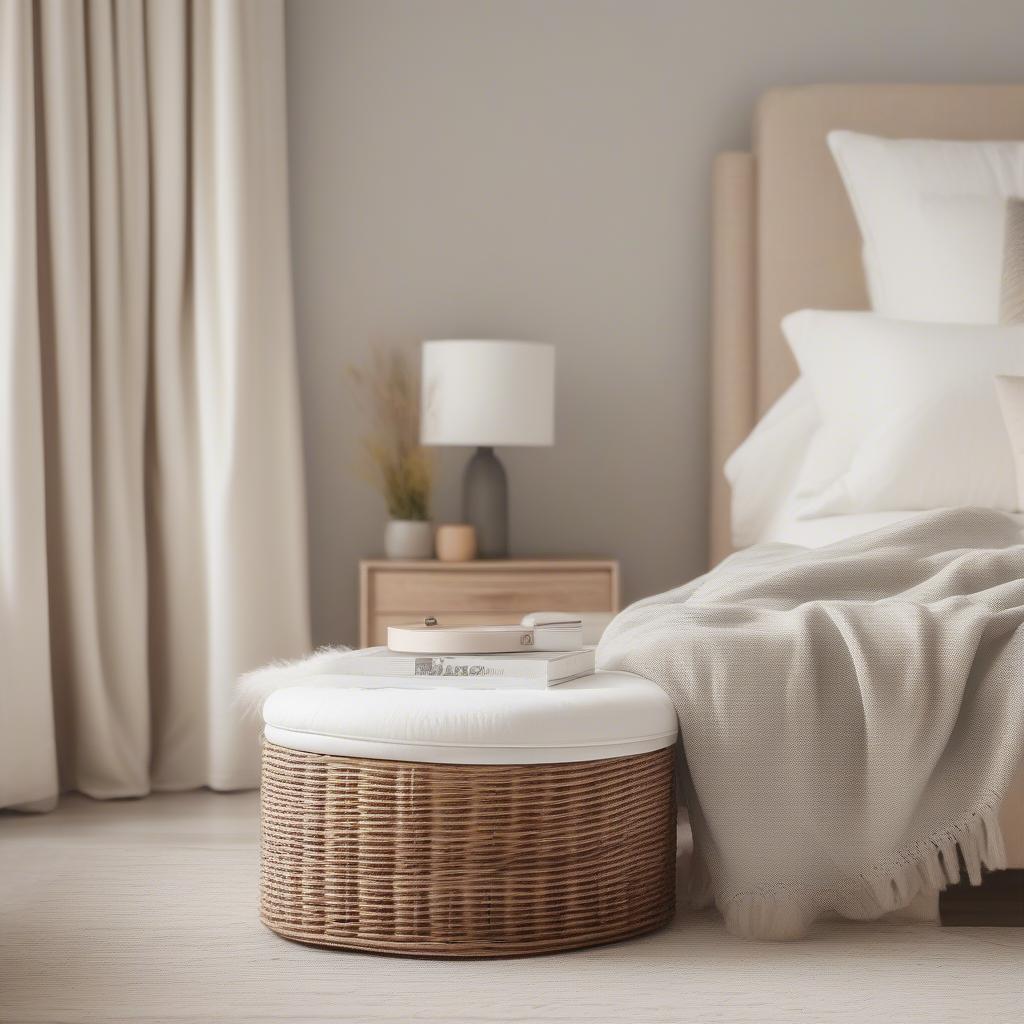 Wicker ottoman storage in a bedroom