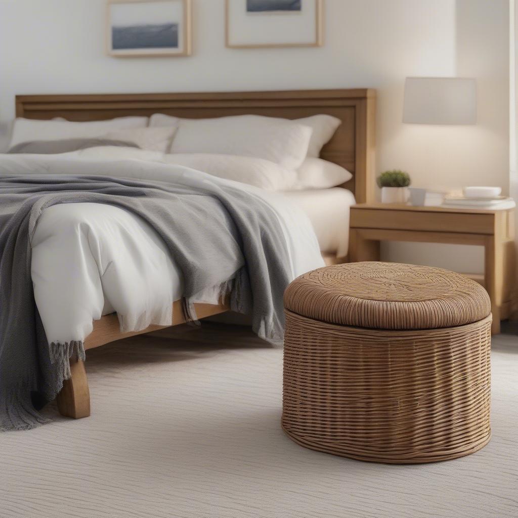 Wicker Ottoman at the Foot of a Bed