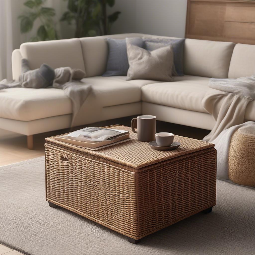 Wicker Ottoman in Living Room Setting