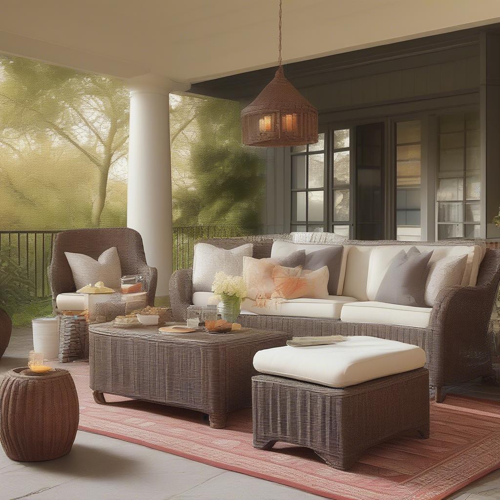 Wicker Ottoman Outdoor Setting -  A relaxing patio scene with a wicker ottoman, comfortable chairs, and a small table, overlooking a garden or scenic view.