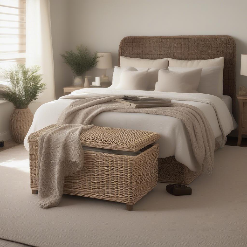 A wicker ottoman with storage used in a bedroom, providing a convenient place for extra blankets and pillows.