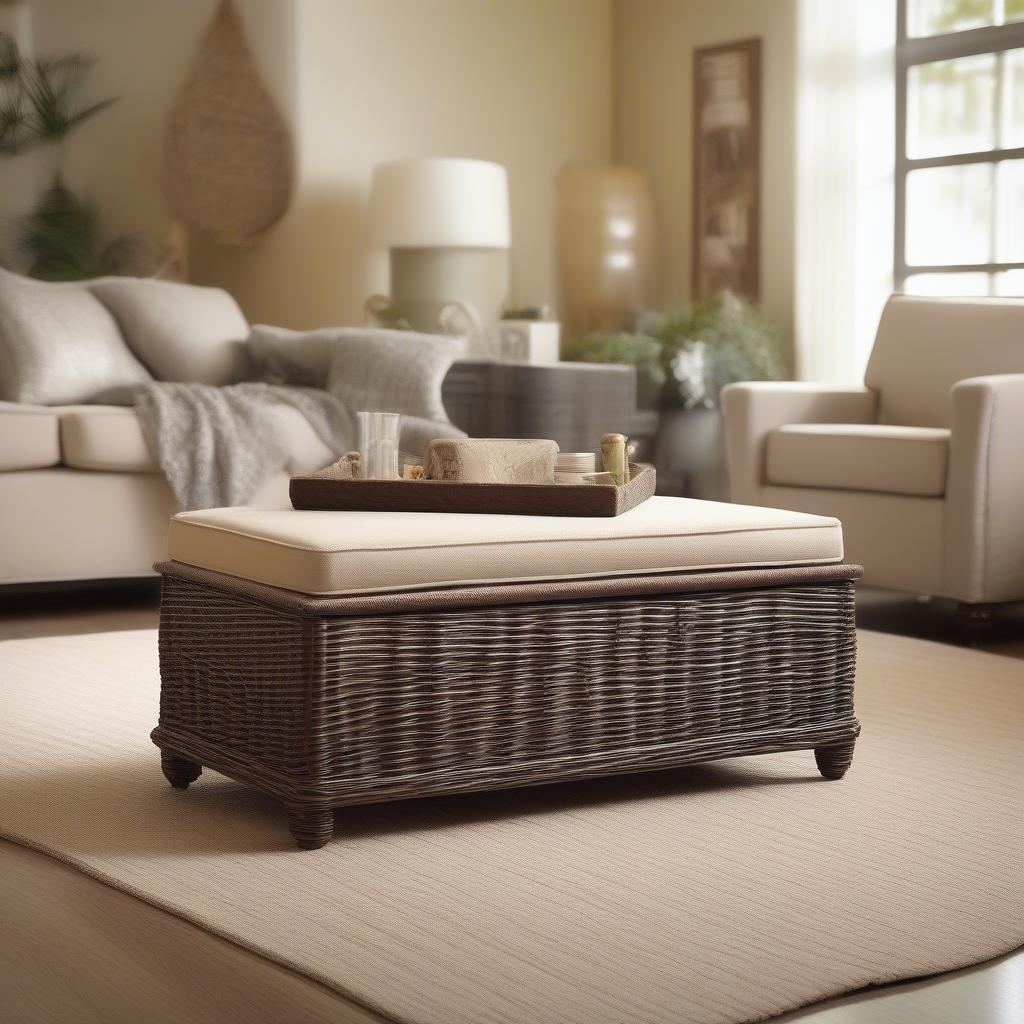 Wicker ottoman storage box in a living room setting