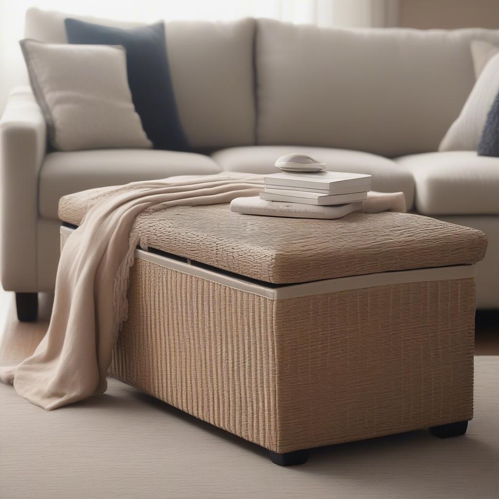 Wicker ottoman storage in a cozy living room setting.