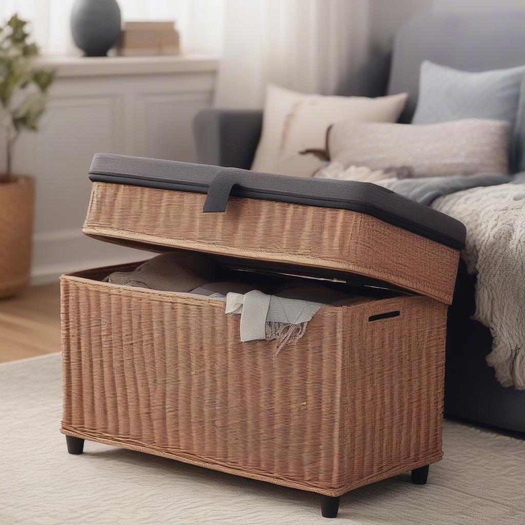 Organizing items inside a wicker ottoman storage using fabric bins.