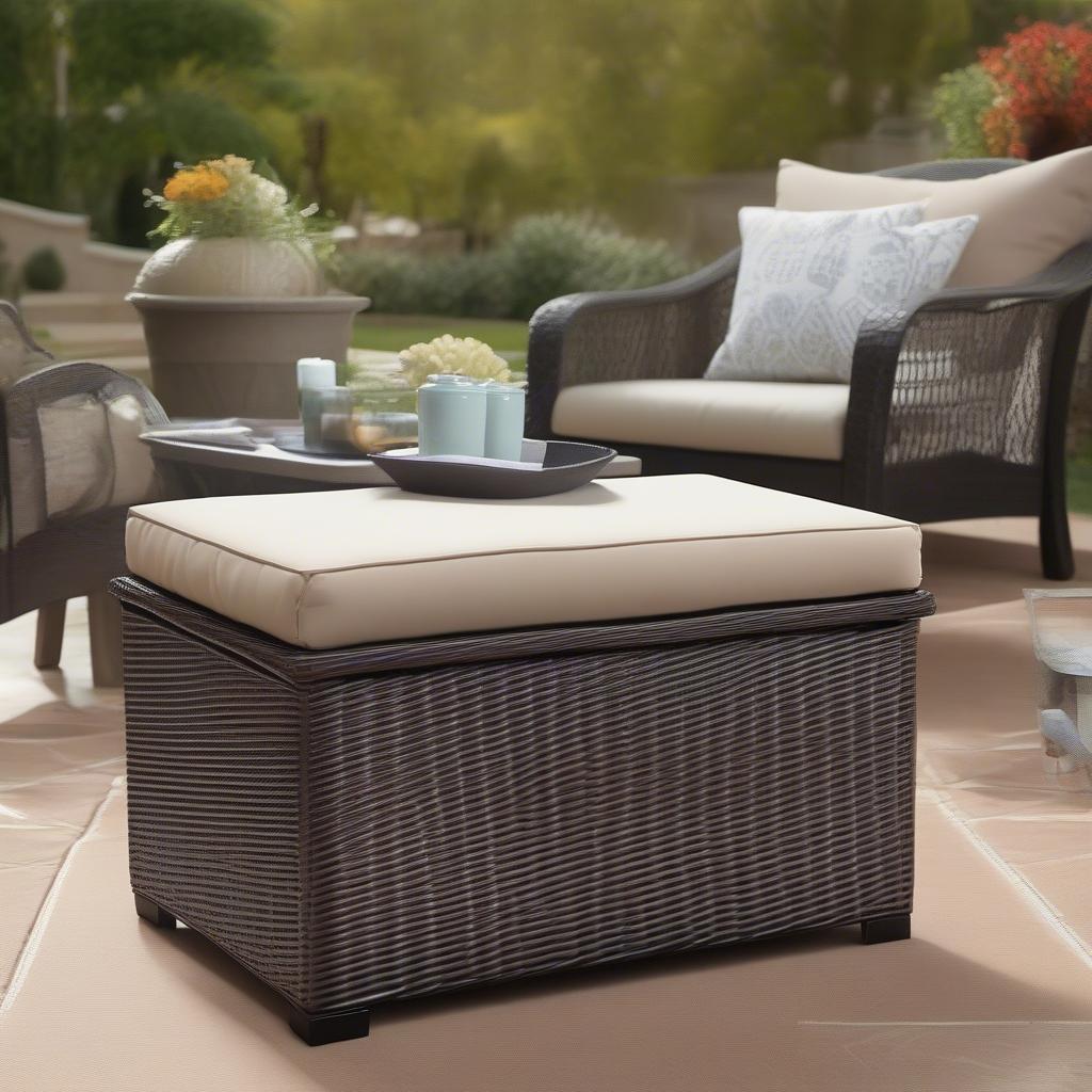 A wicker ottoman with storage used on a patio, enhancing the outdoor living space.