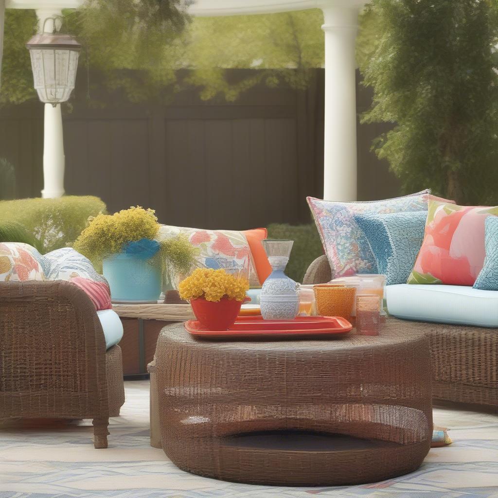 Wicker Ottoman Styling Ideas - Outdoor patio setting with a wicker ottoman used as a coffee table with a tray, surrounded by other wicker furniture and colorful cushions.