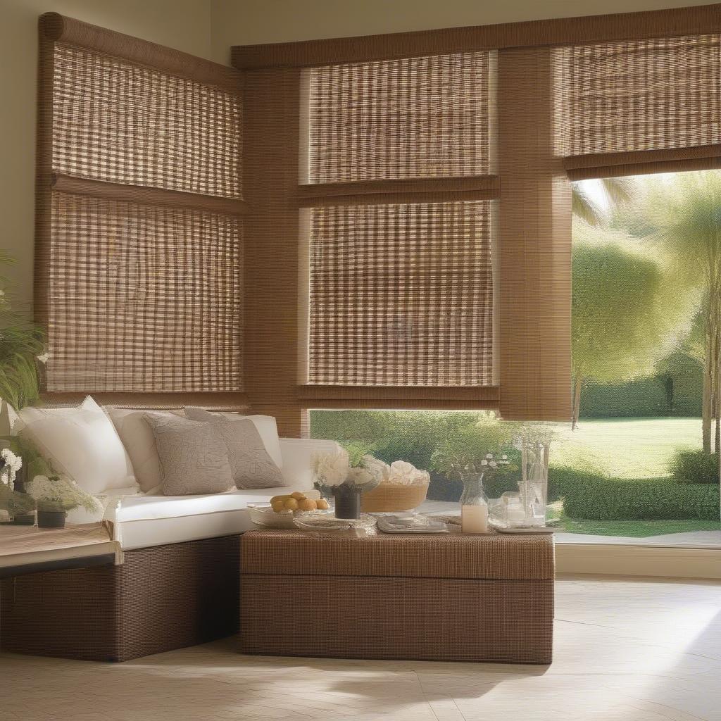 Various styles of wicker outdoor blinds showcasing different weaving patterns and installation methods.