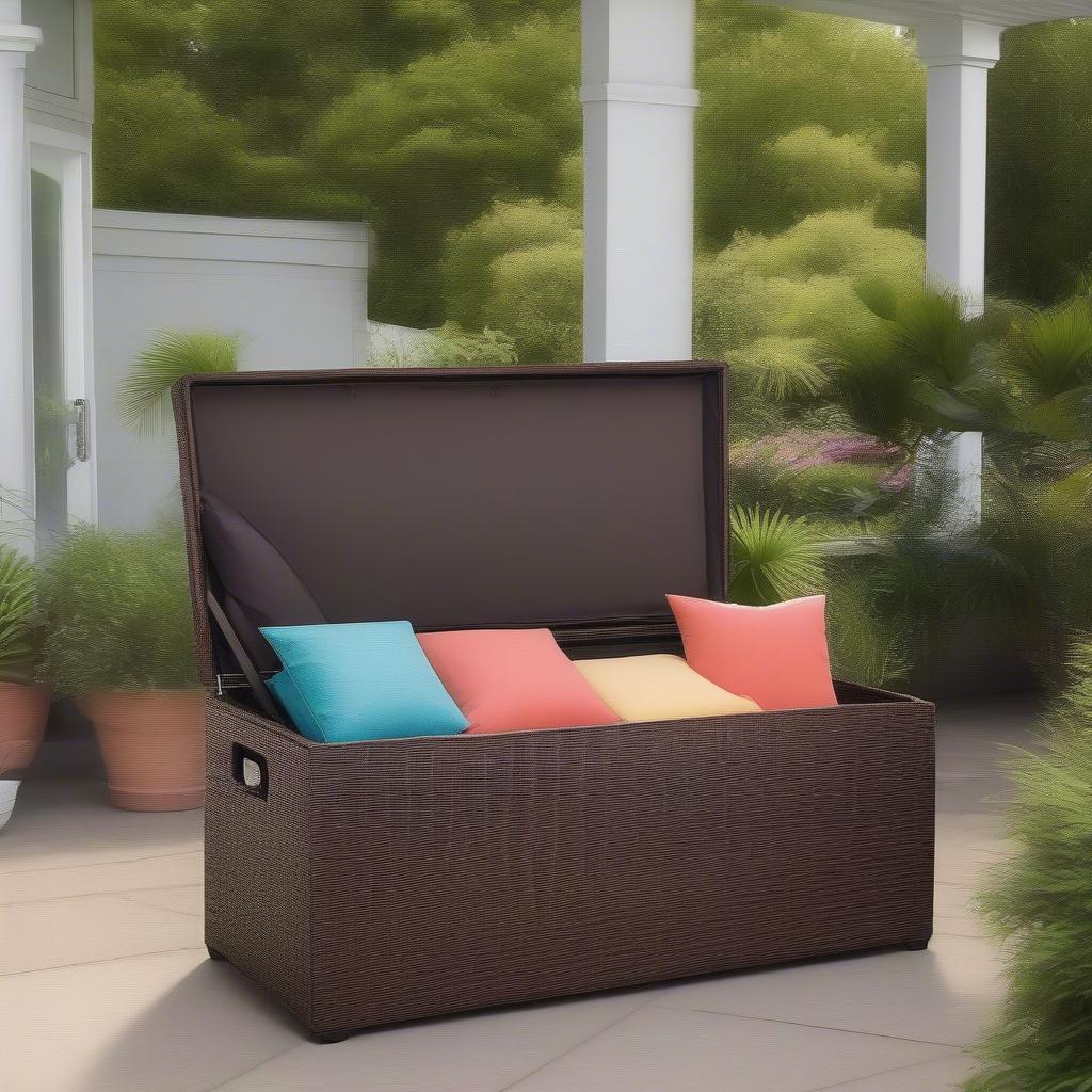 Wicker outdoor cushion storage box waterproof on a patio, surrounded by lush greenery and comfortable outdoor furniture.