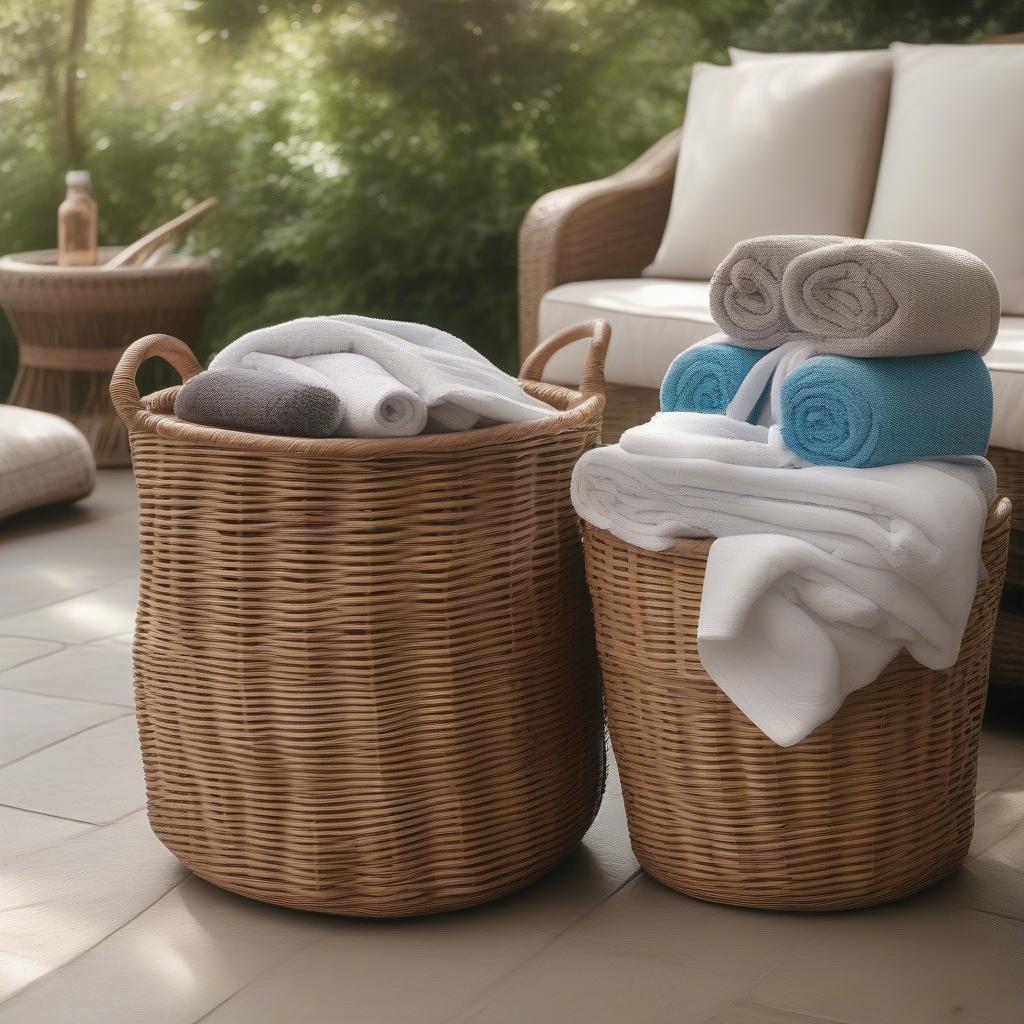 Wicker outdoor storage baskets neatly organizing gardening tools and pool toys on a patio with comfortable furniture.