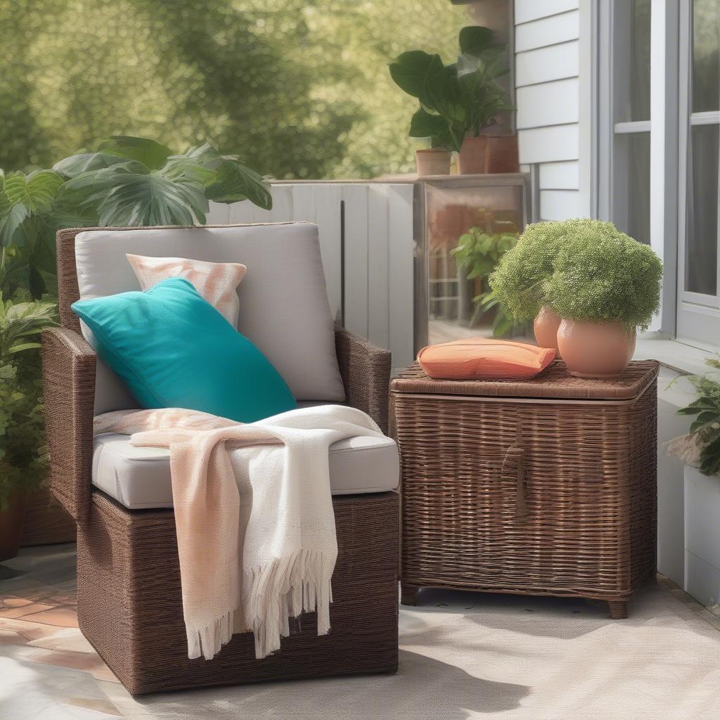 Wicker outdoor storage box seamlessly integrated with patio furniture, showcasing its practicality and aesthetic appeal.