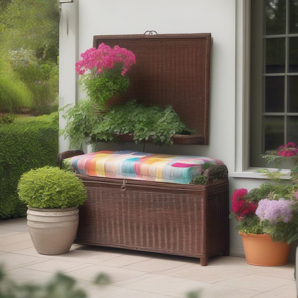 Wicker outdoor storage chest on a patio with cushions on top and plants around it