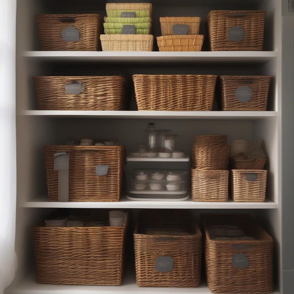 Various wicker pantry storage baskets on shelves, showcasing different sizes and styles.