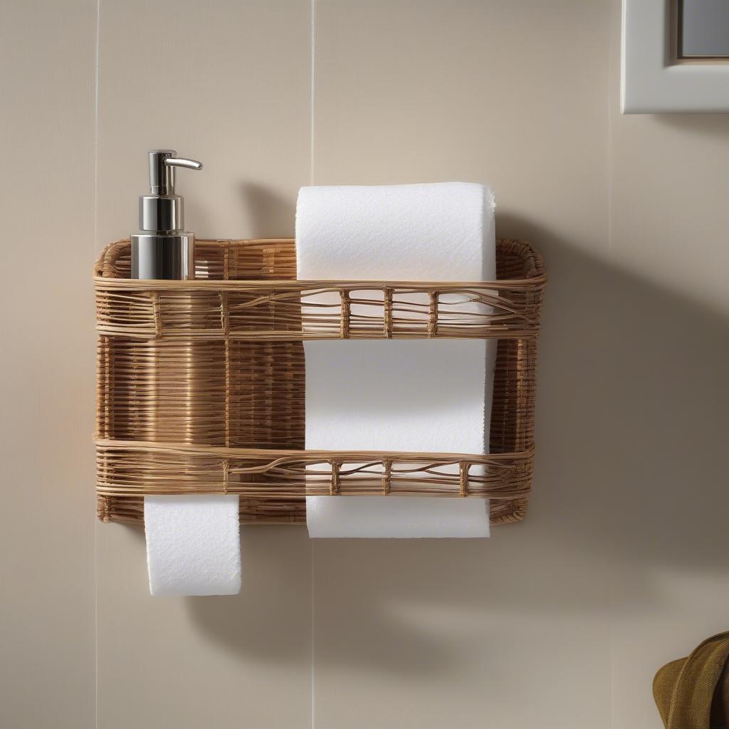 Wicker paper holder in a modern bathroom setting