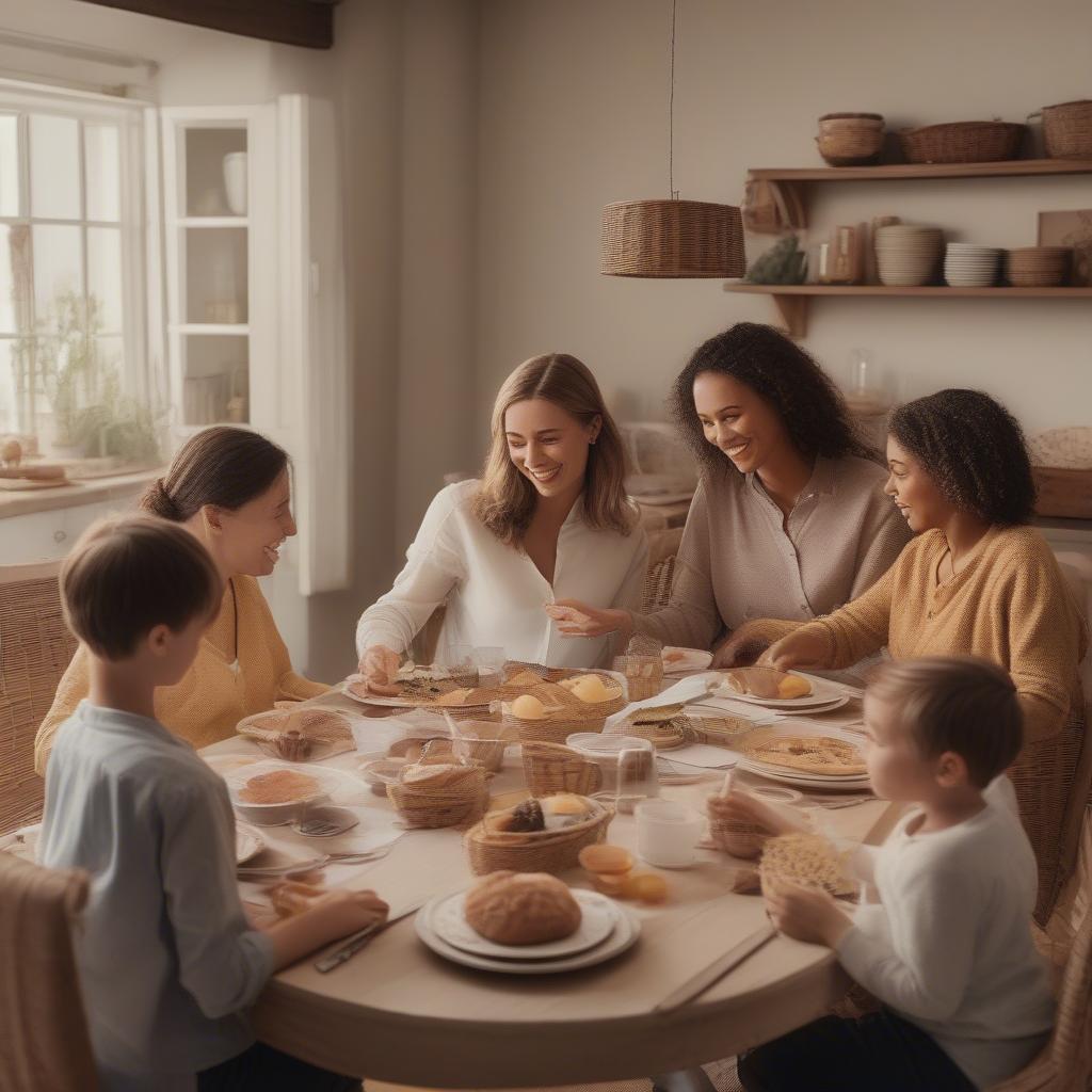 A family enjoying dinner using wicker paper plate holders, highlighting their practicality and suitability for everyday use.