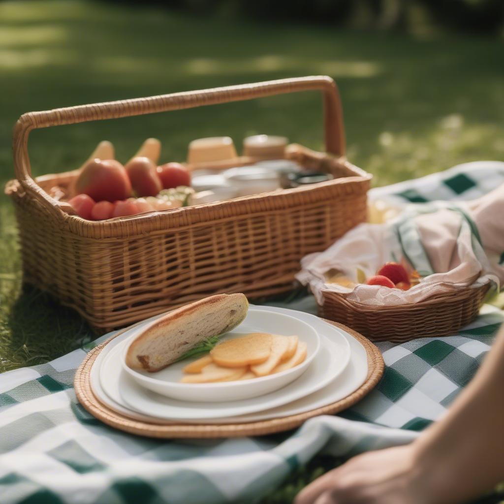 Wicker paper plate holder being used at an outdoor picnic, showcasing its practicality and aesthetic appeal in a natural setting.