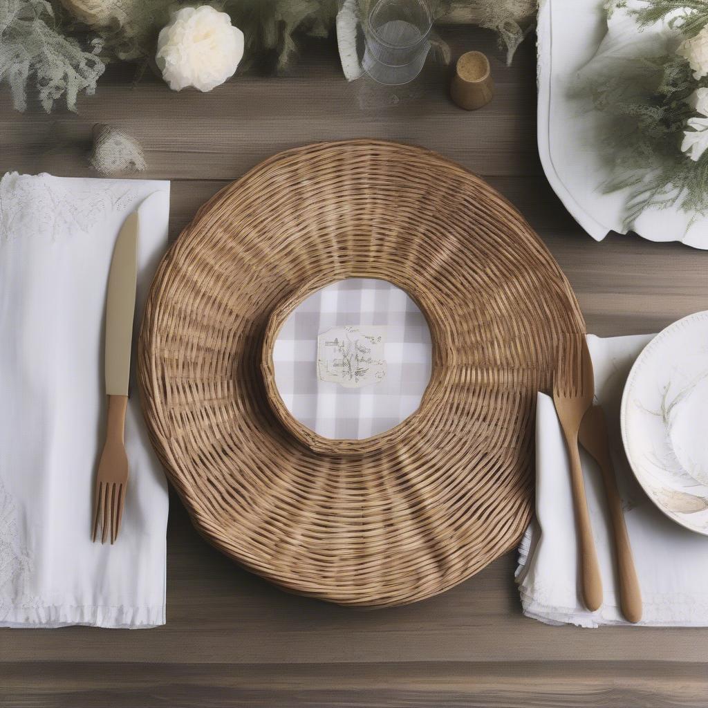 Wicker paper plate holder incorporated into a beautiful table setting