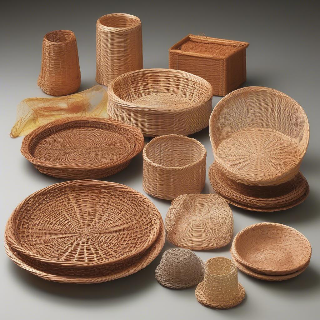 Different types of wicker paper plate holders, showcasing various shapes, sizes, and weaving patterns.