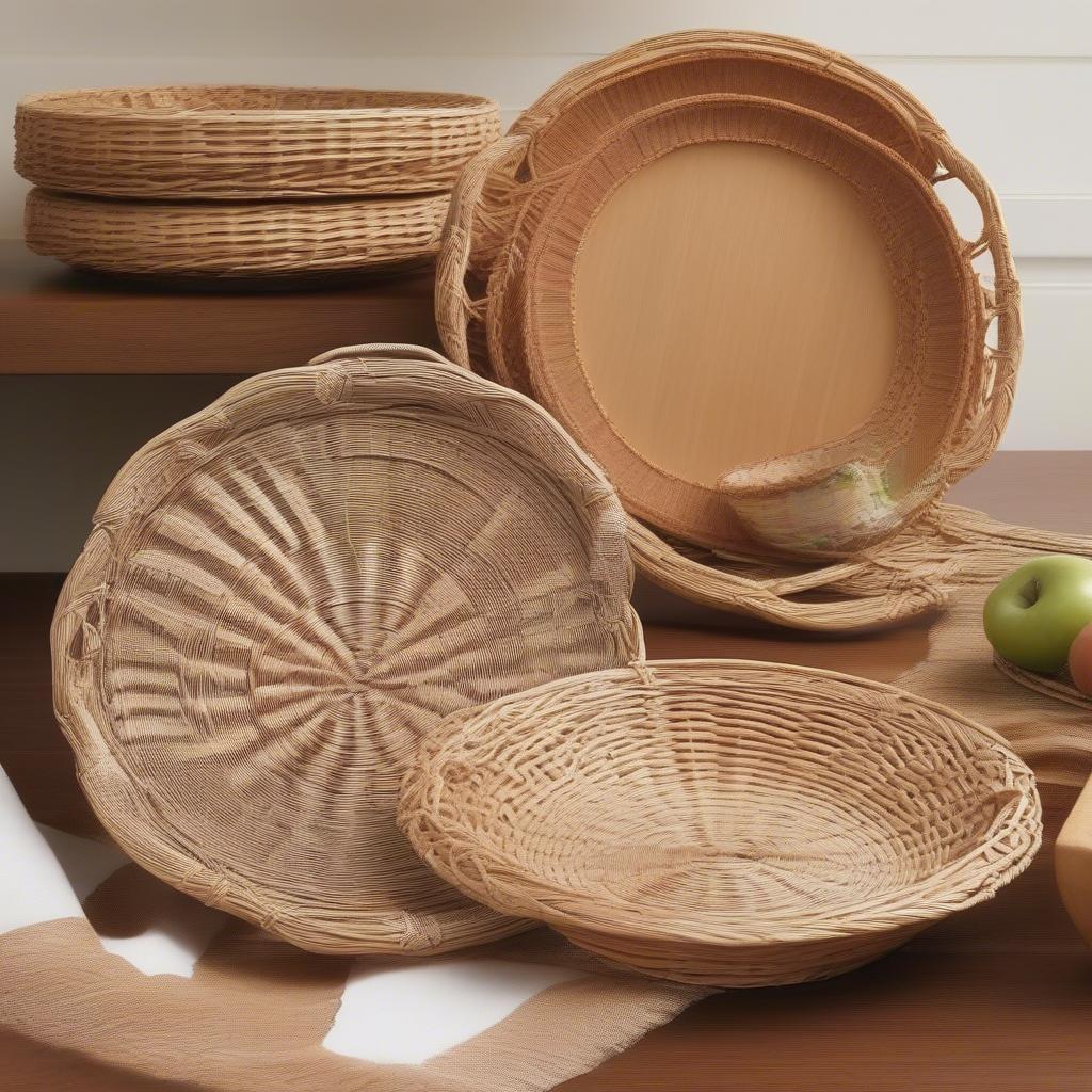 Variety of wicker paper plate holders showcasing different shapes, sizes, and weaving patterns