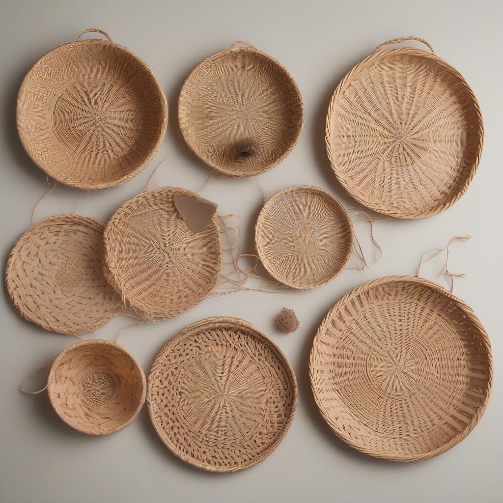 Various styles of wicker paper plate holders, showcasing different weaving patterns and shapes.