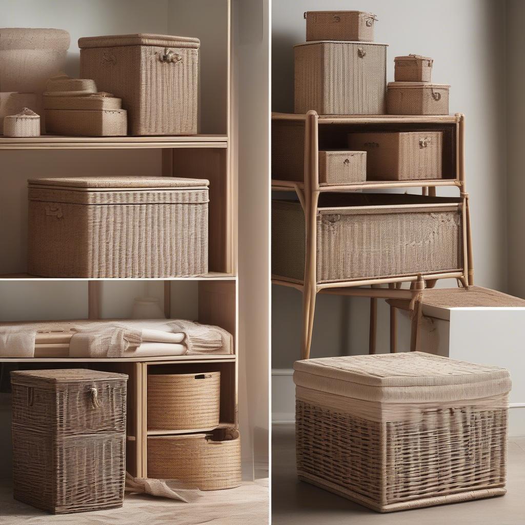 Variety of wicker and paper rope storage chests