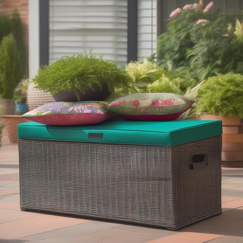 Wicker patio cushion storage box placed on an outdoor patio. The box is filled with colorful cushions and surrounded by potted plants.