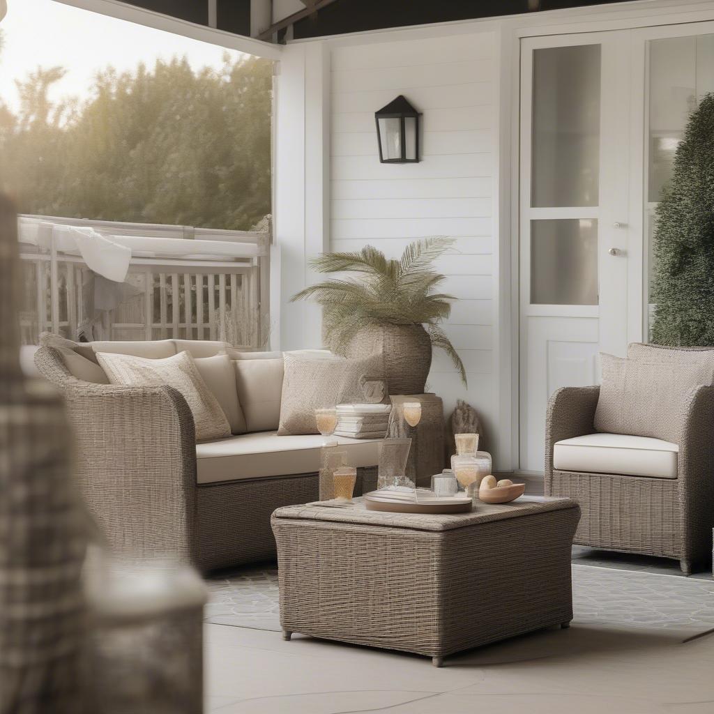 A Complete Wicker Patio Furniture Set Including a Storage Accent Table