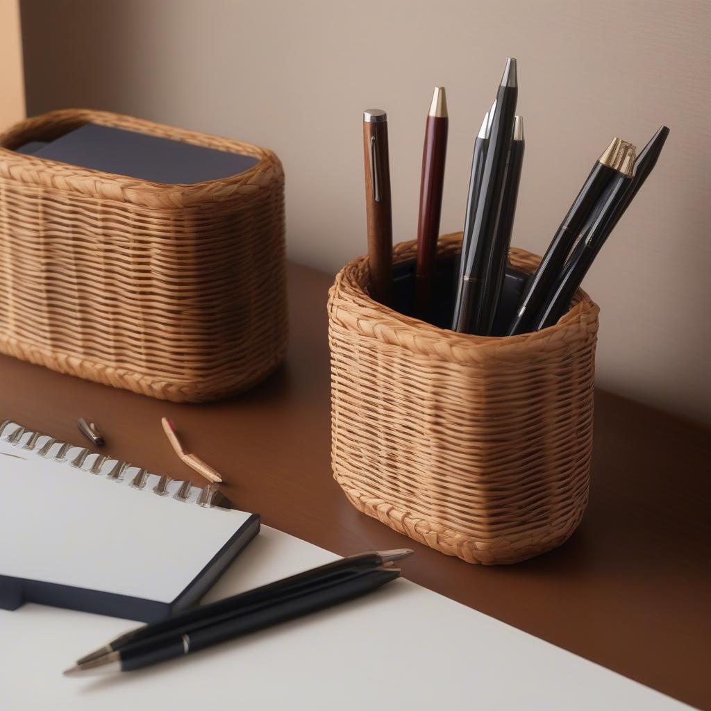 Wicker pen holder sitting on a wooden desk, surrounded by pens, pencils, and other stationery items.