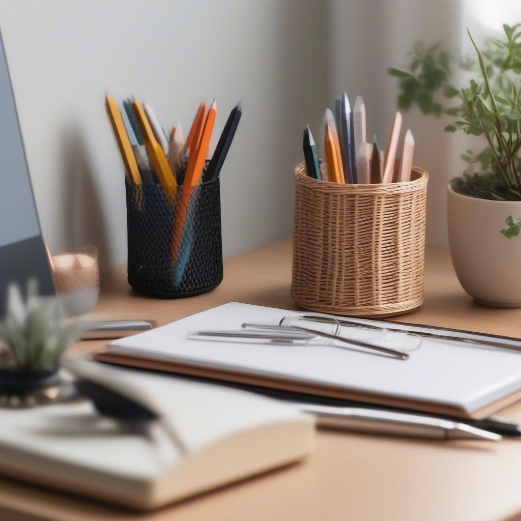 A wicker pencil holder sitting on a desk alongside other office supplies, showcasing its practical use and aesthetic appeal in a workspace setting.