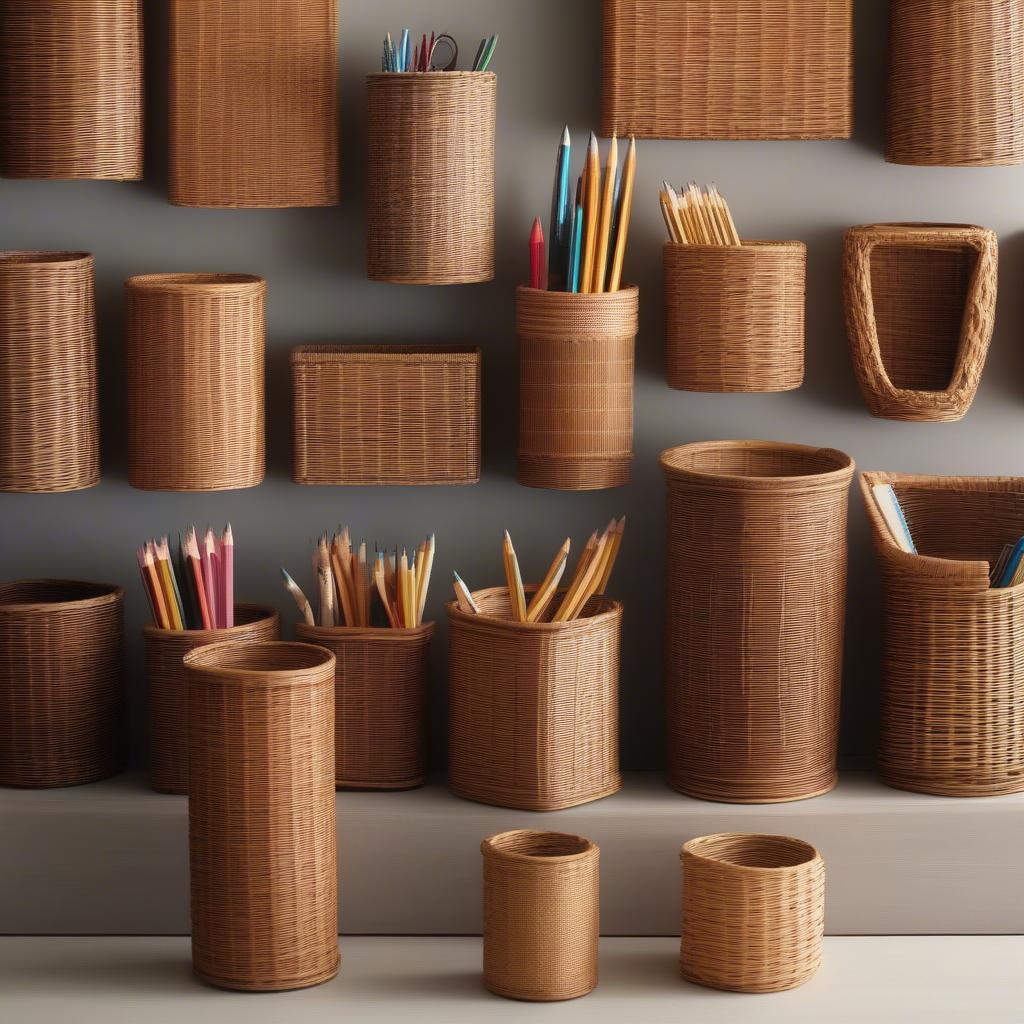 Variety of wicker pencil holders showcasing different sizes, shapes, and weaving patterns.