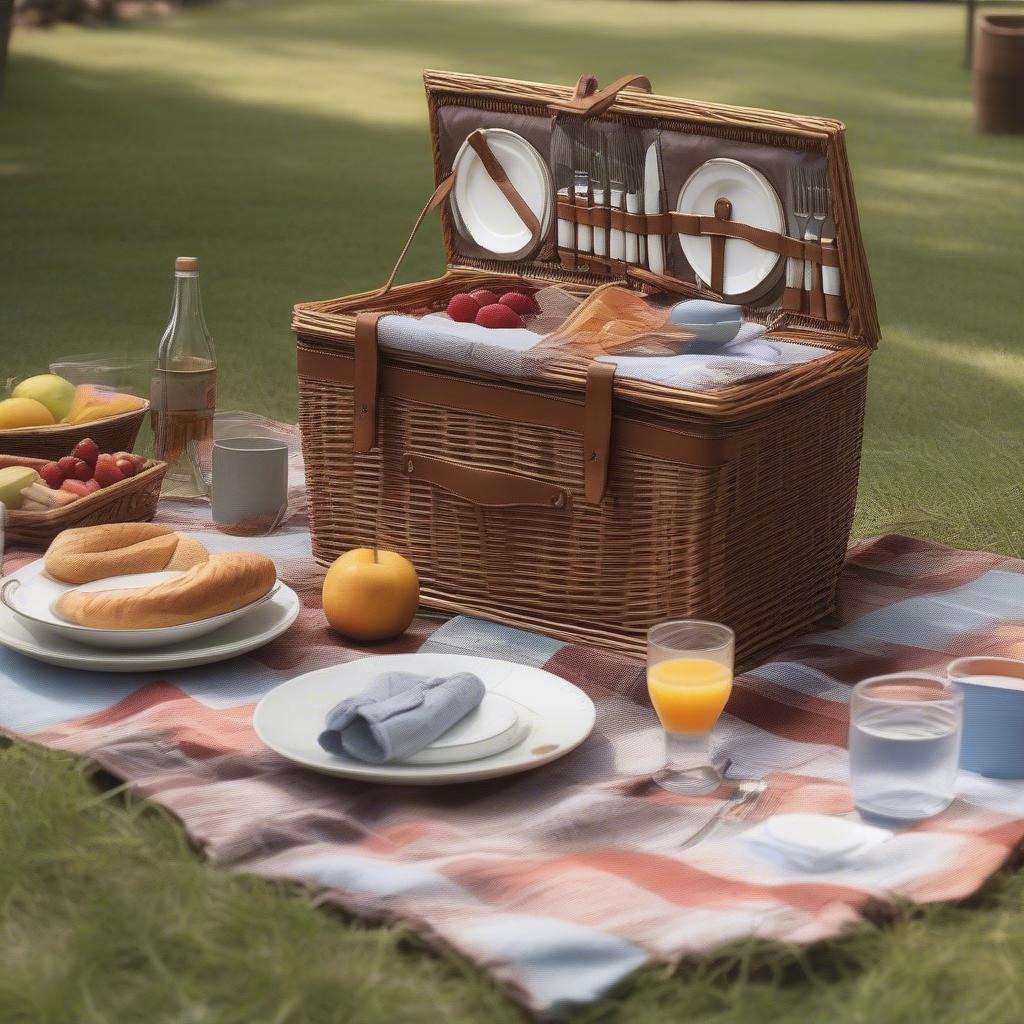 Wicker picnic basket with bottle holder and accessories